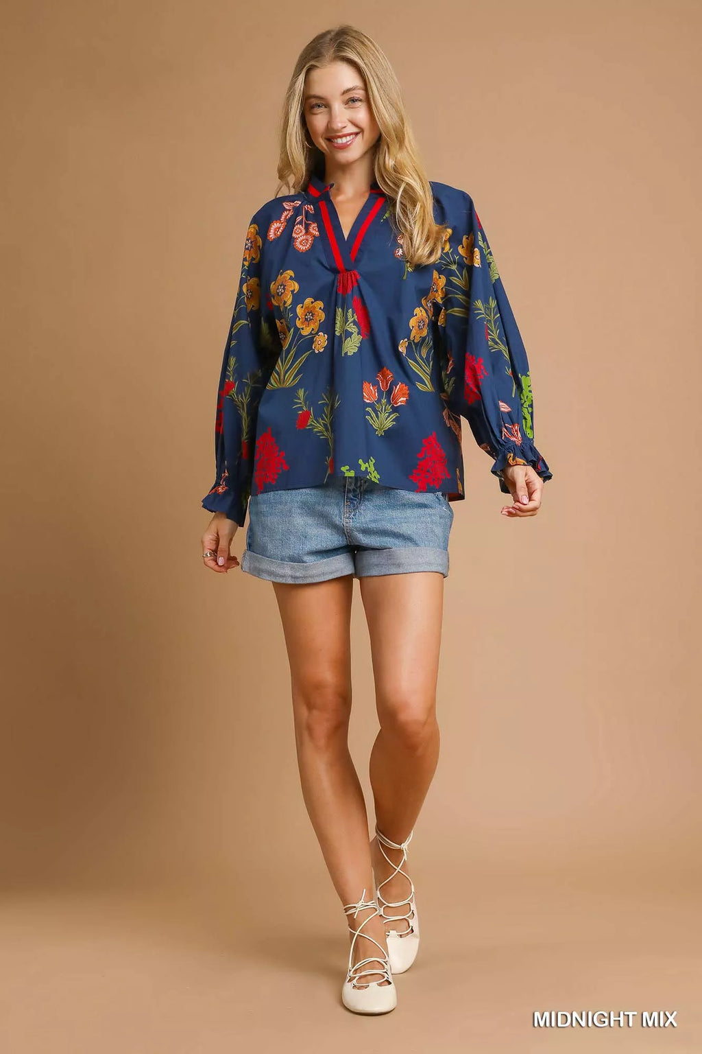 Floral Print Flounce Sleeve Blouse