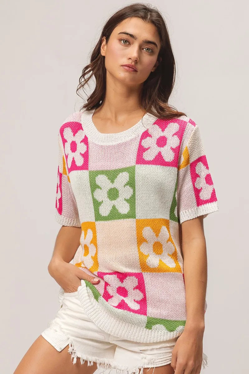 Flower Checker Pattern Lightweight Sweater Top