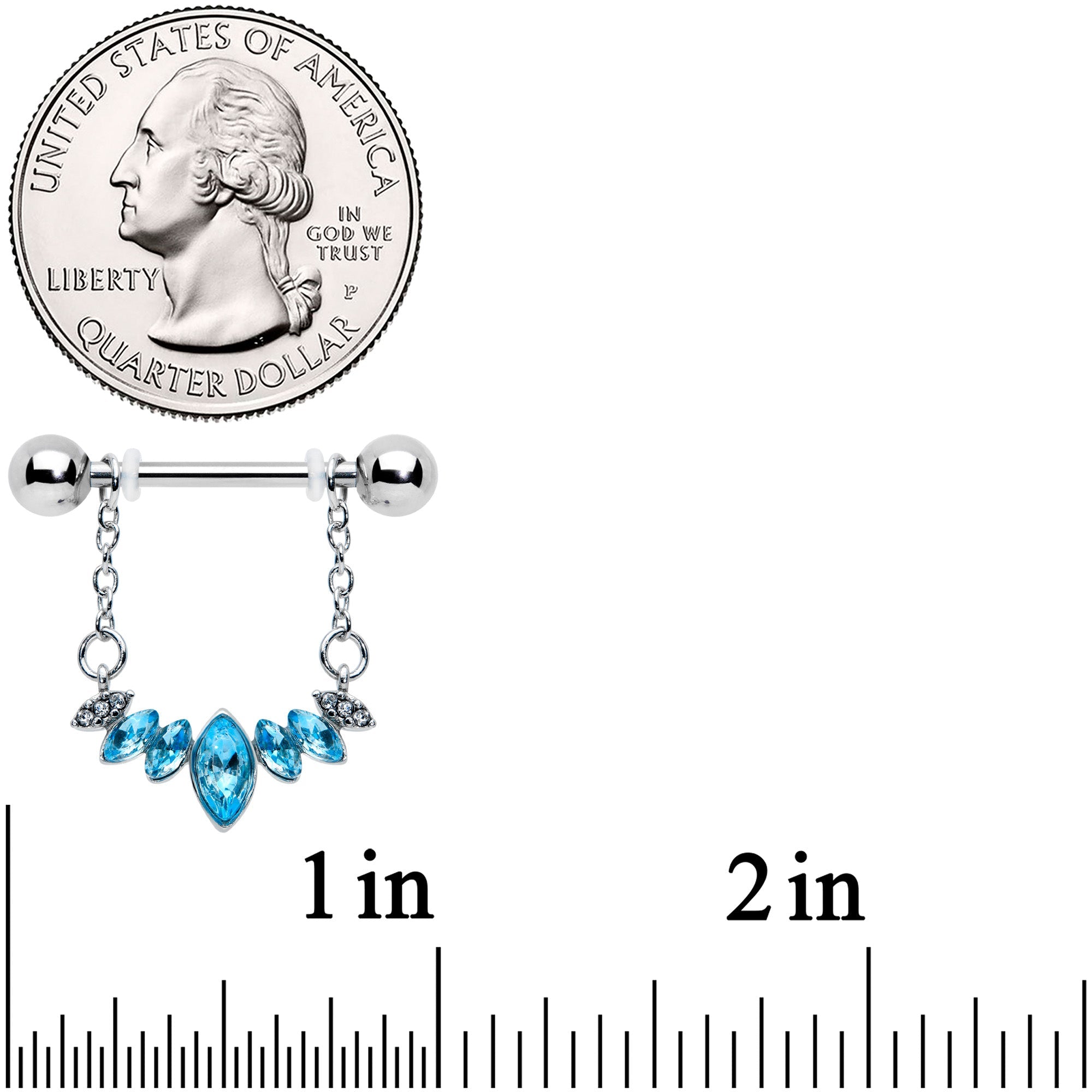 14G 9/16 Blue Gem Crowning Glory Chain Dangle Nipple Ring Set