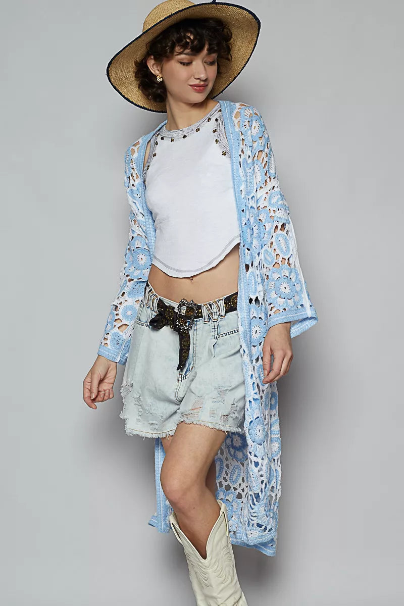 POL Open Front Crochet Cardigan with Knit Weave Patterns