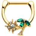 16G 5/16 Green Gem Gold Tone Sun Palm Tree Cartilage Clicker Ring