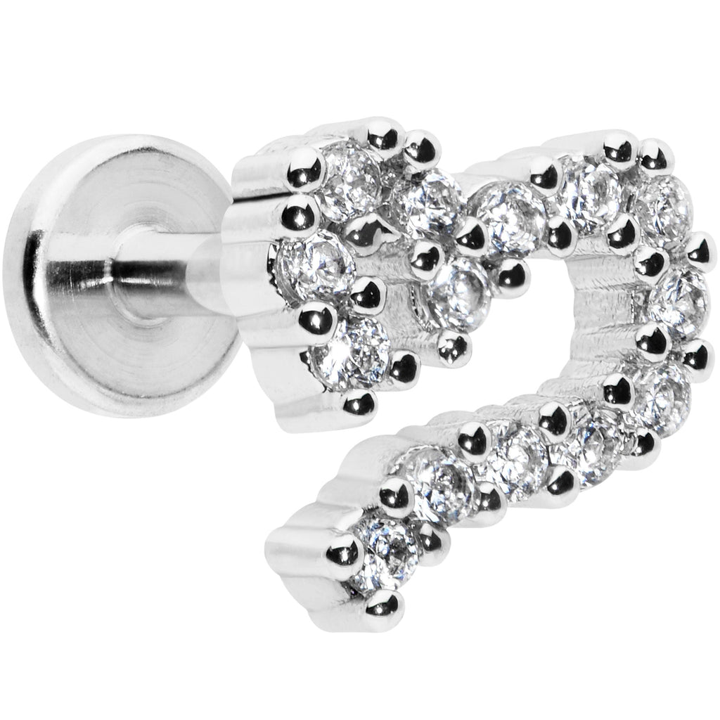 16G 1/4 Clear CZ Gem Half Heart Internally Threaded Labret Tragus