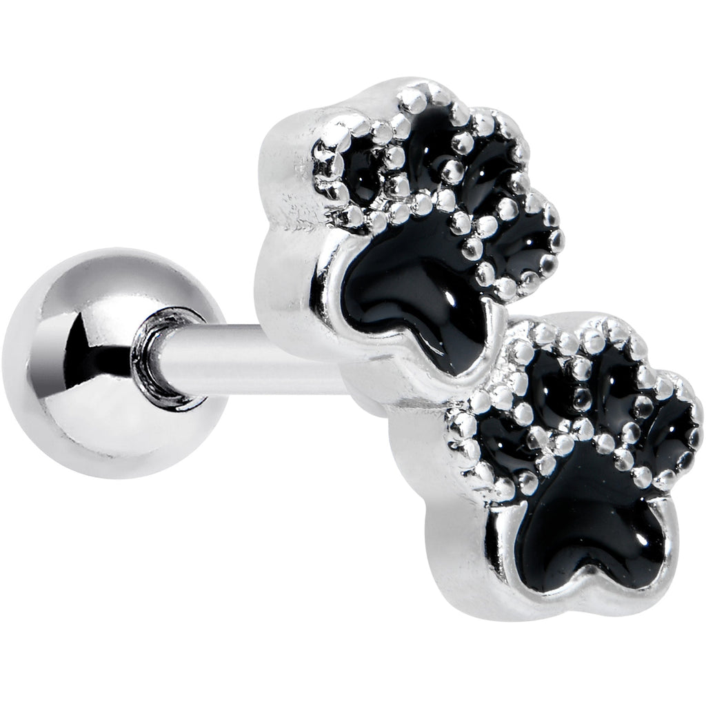 16G 1/4 Textured Black Paw Prints Cartilage Tragus Earring
