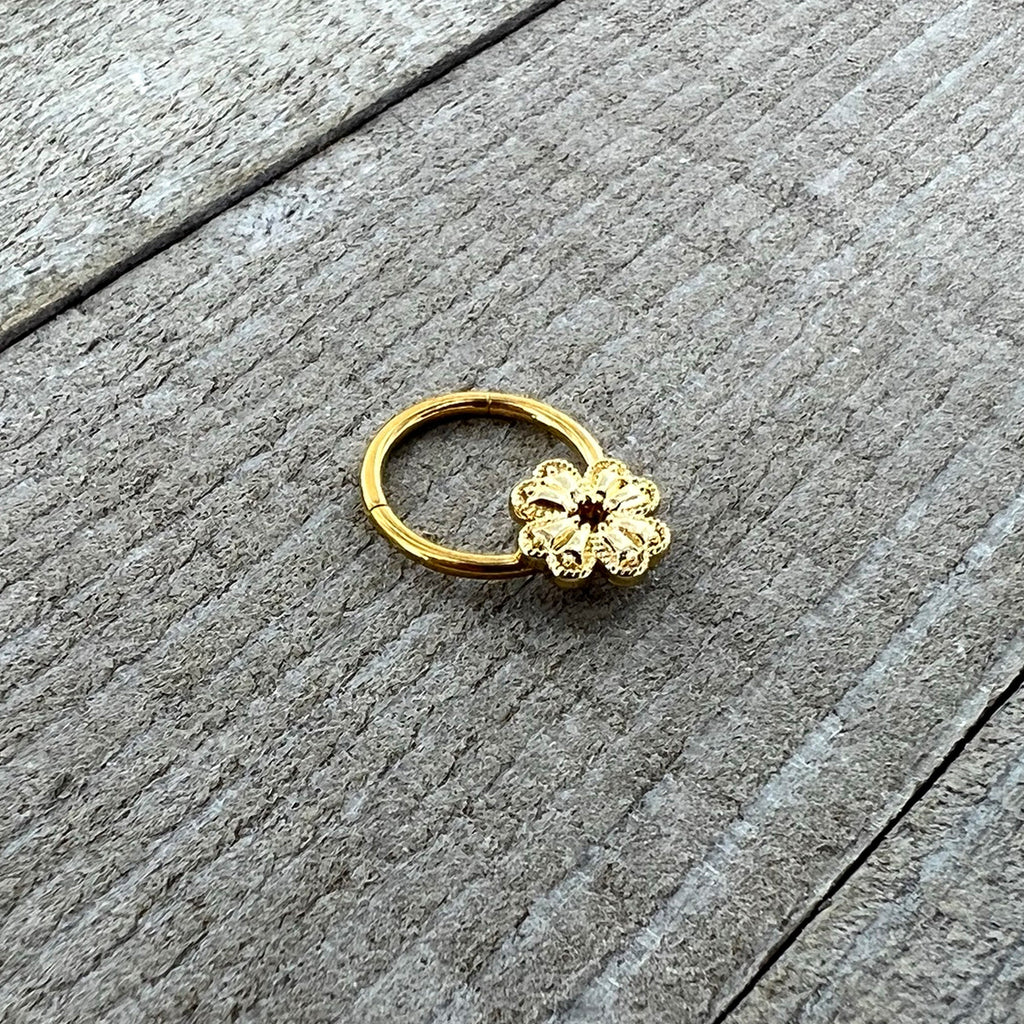 16G 3/8 Yellow Gem Gold Tone Texture Cross Hinged Segment RIng