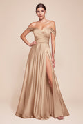 Cinderella Divine 7493C Long Plus Size A-Line Off the Shoulder Satin Dress