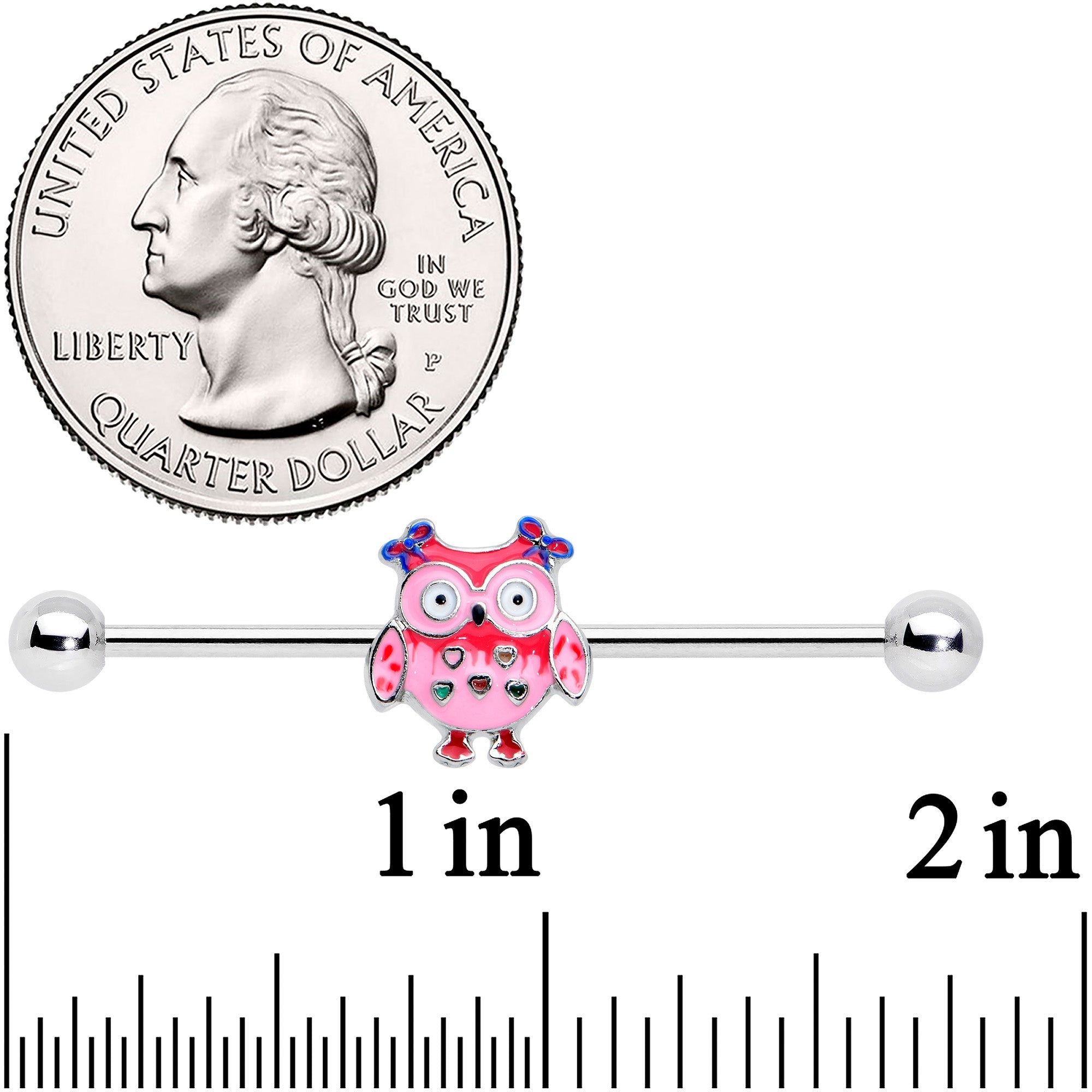 14G Owl Pink Bows Hearts Industrial Barbell 38mm