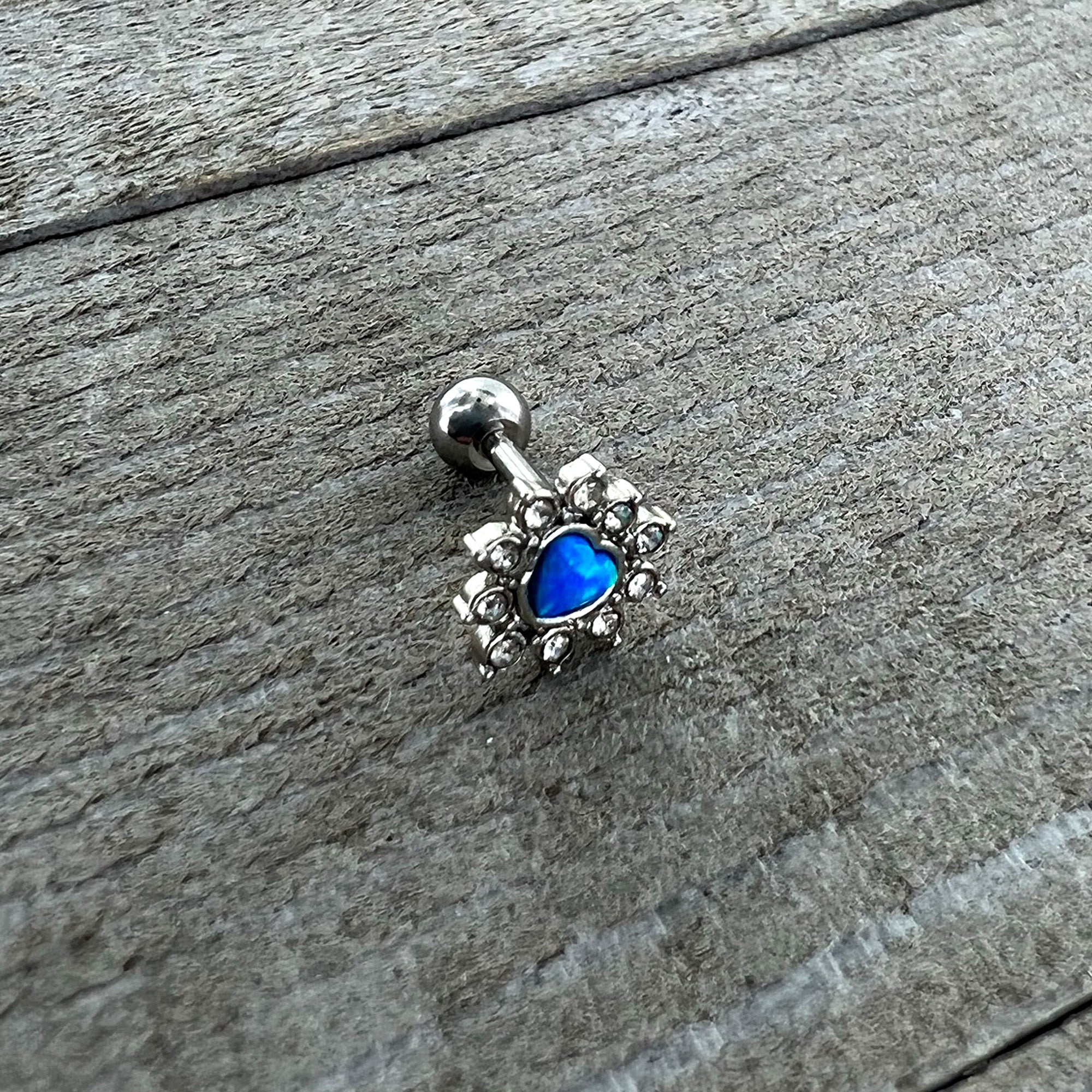 16G 1/4 Blue Faux Opal Sun Heart Cartilage Tragus Earring