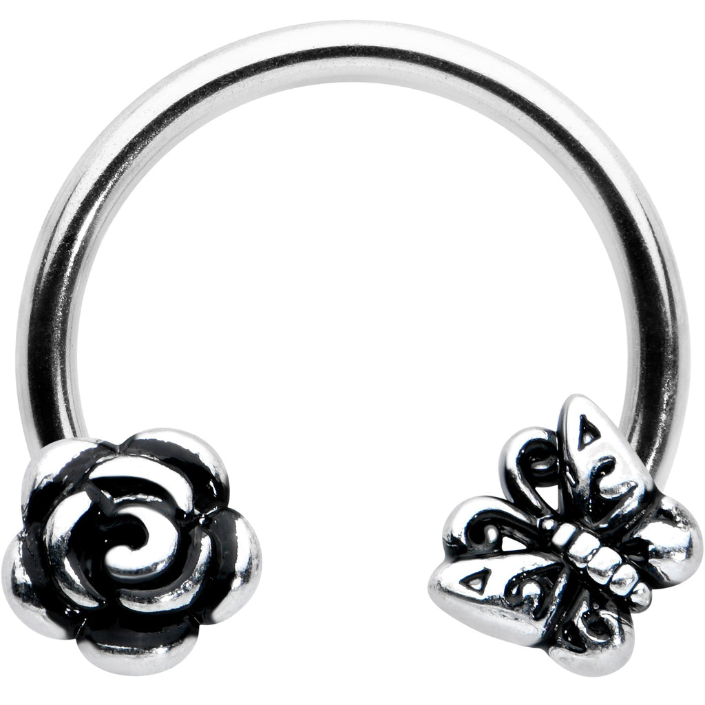 16G 3/8 Antiqued Butterfly Flower Horseshoe Circular Barbell