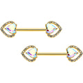 14G 9/16 Aurora Gem Gold Hue Rococo Heart Barbell Nipple Ring Set