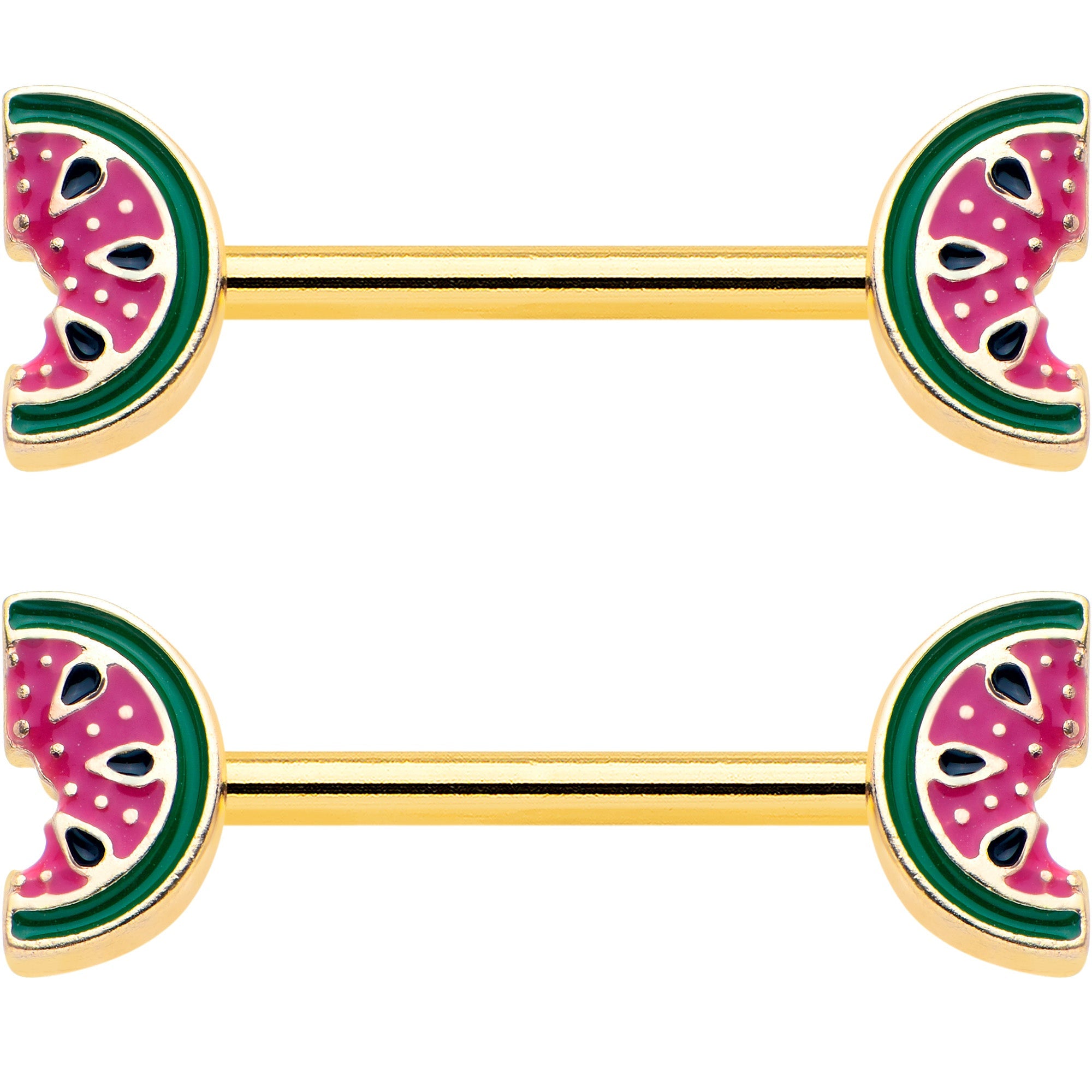 14G 9/16 Gold Tone Watermelon Bite Barbell Nipple Ring Set