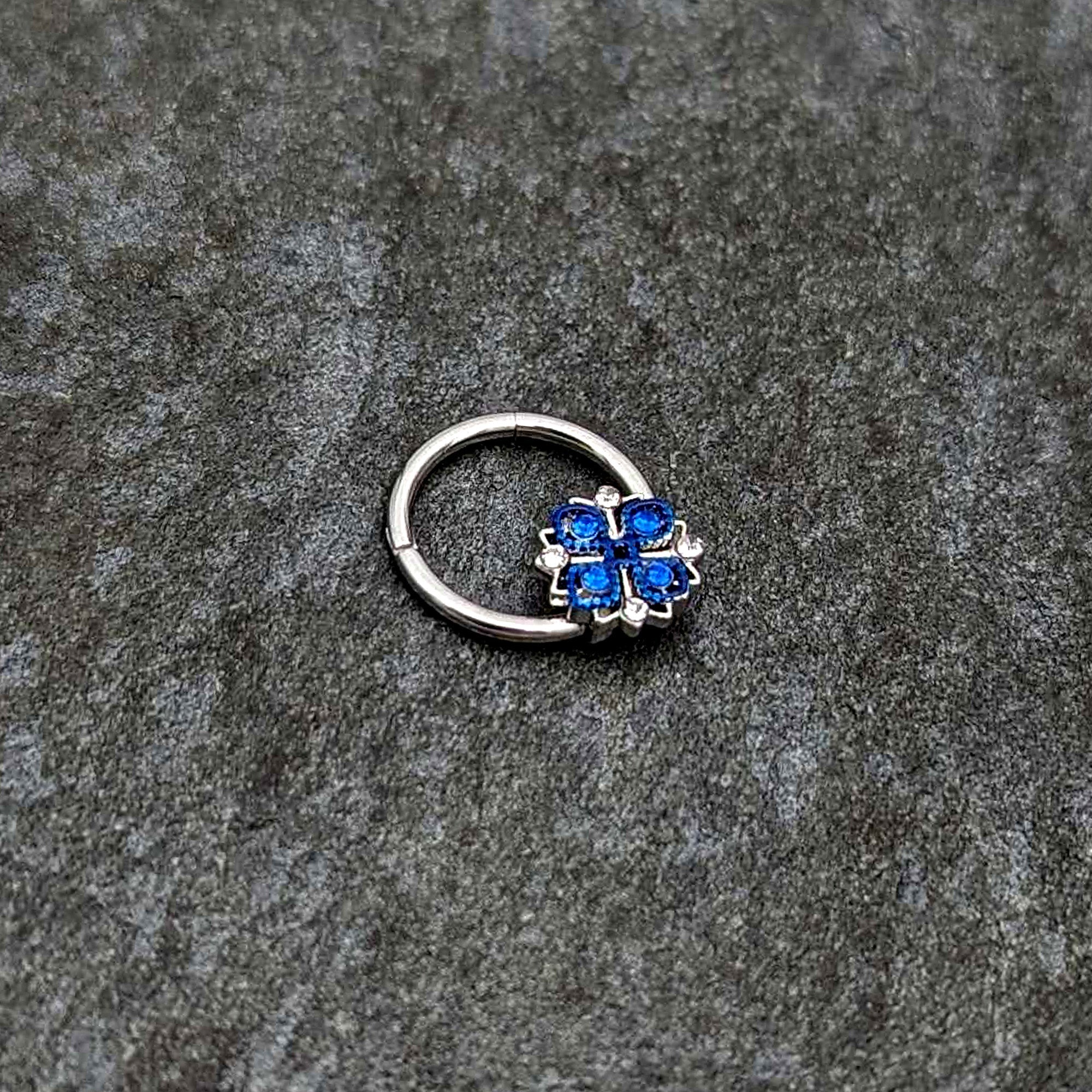 16G 3/8 Blue Clear Gem Embellished Cross Hinged Segment Ring