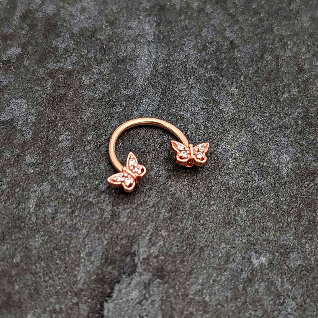 16G 3/8 Clear Gem Rosy Tone Butterfly Horseshoe Circular Barbell