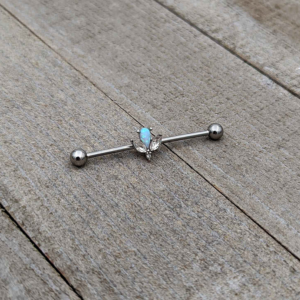 14G White Faux Opal Style Flower Industrial Barbell 38mm