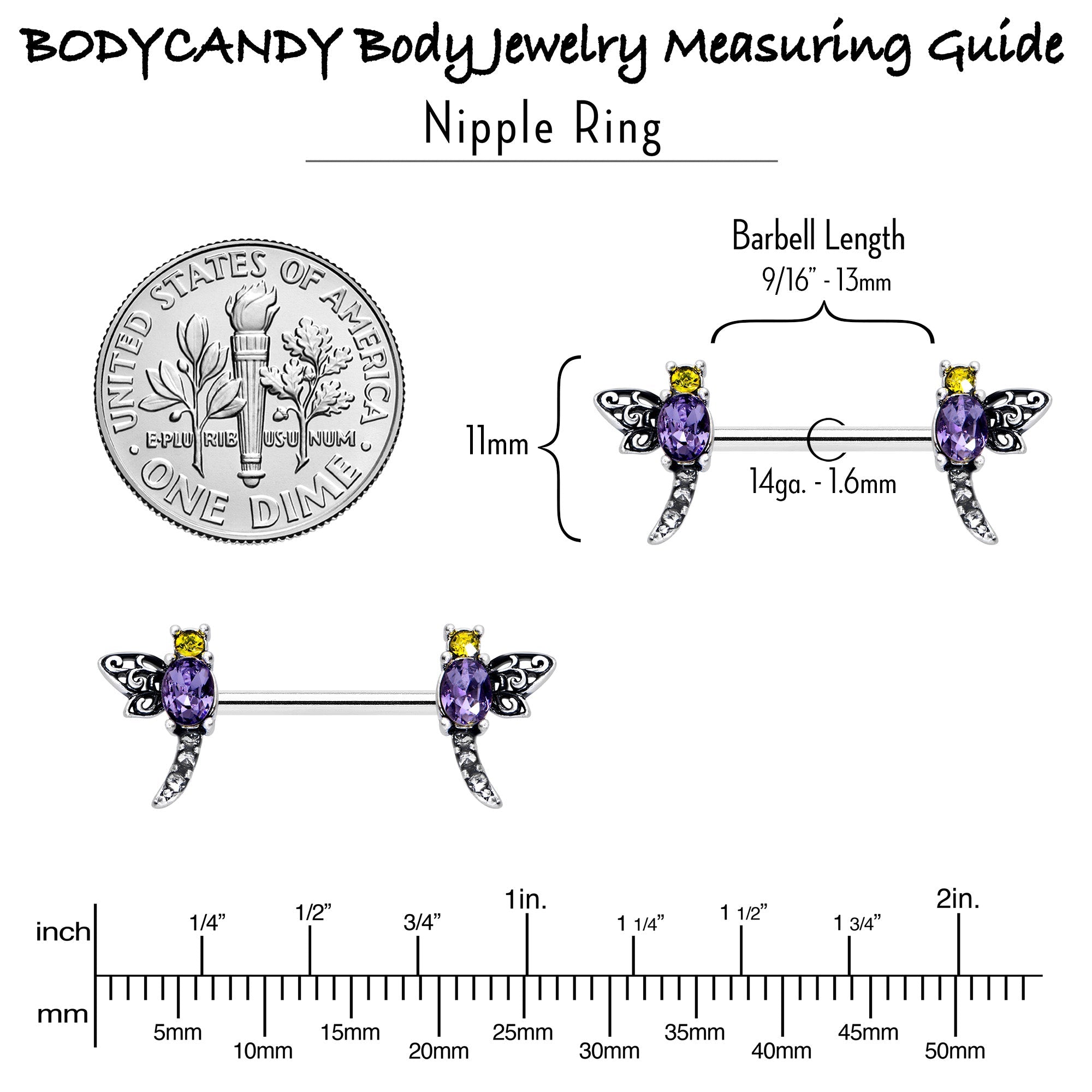 14G 9/16 Purple Yellow Gem Dragonfly Barbell Nipple Ring Set