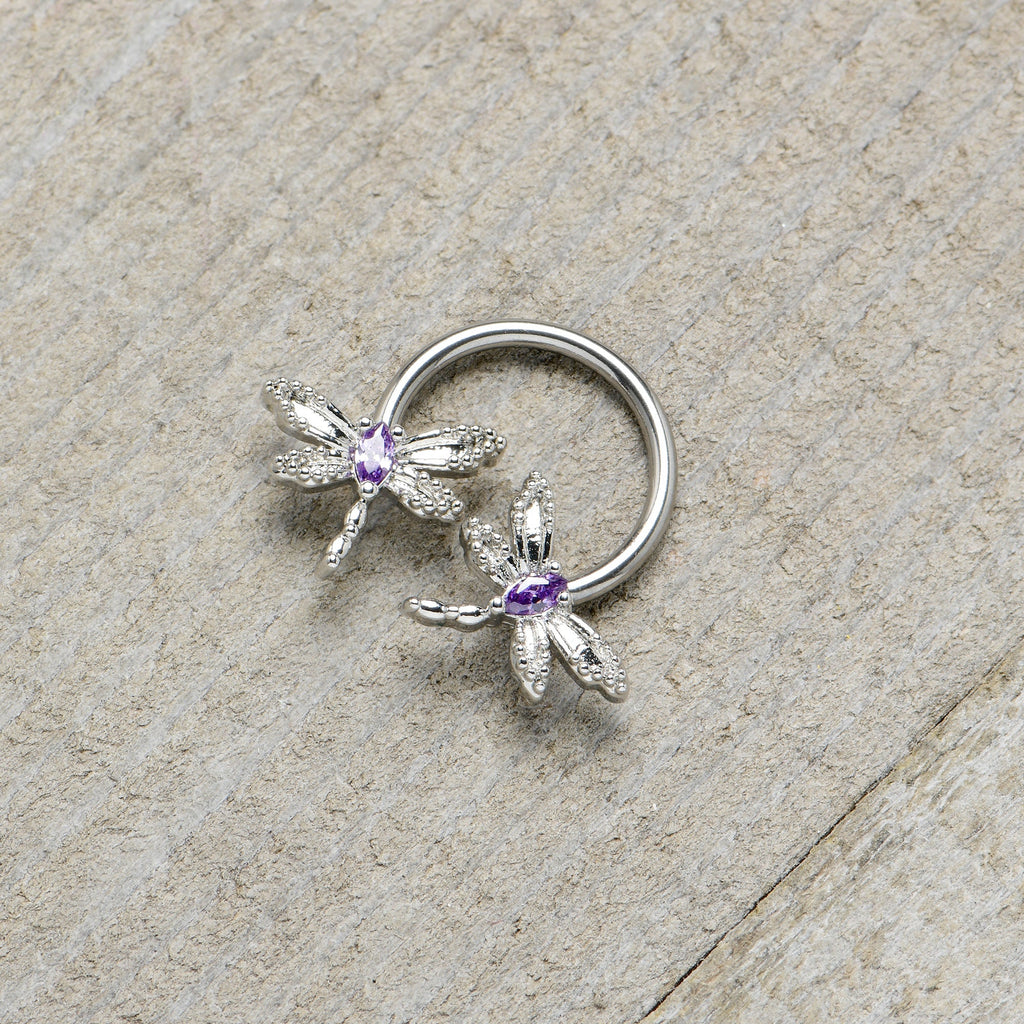 16G 3/8 Purple CZ Gem Open Dragonfly Horseshoe Circular Barbell