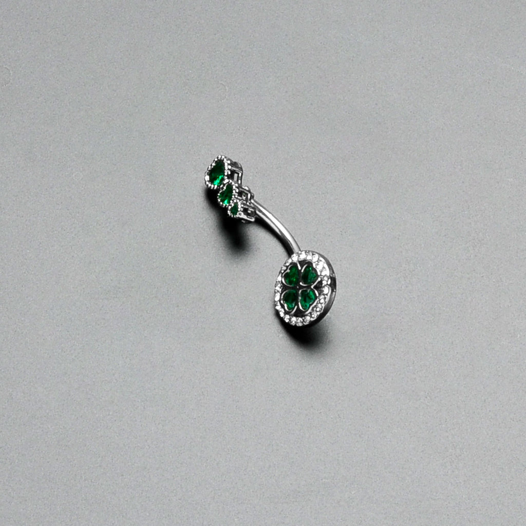 Green Clear Gem Triple Drop Heart Shamrock Double Mount Belly Ring