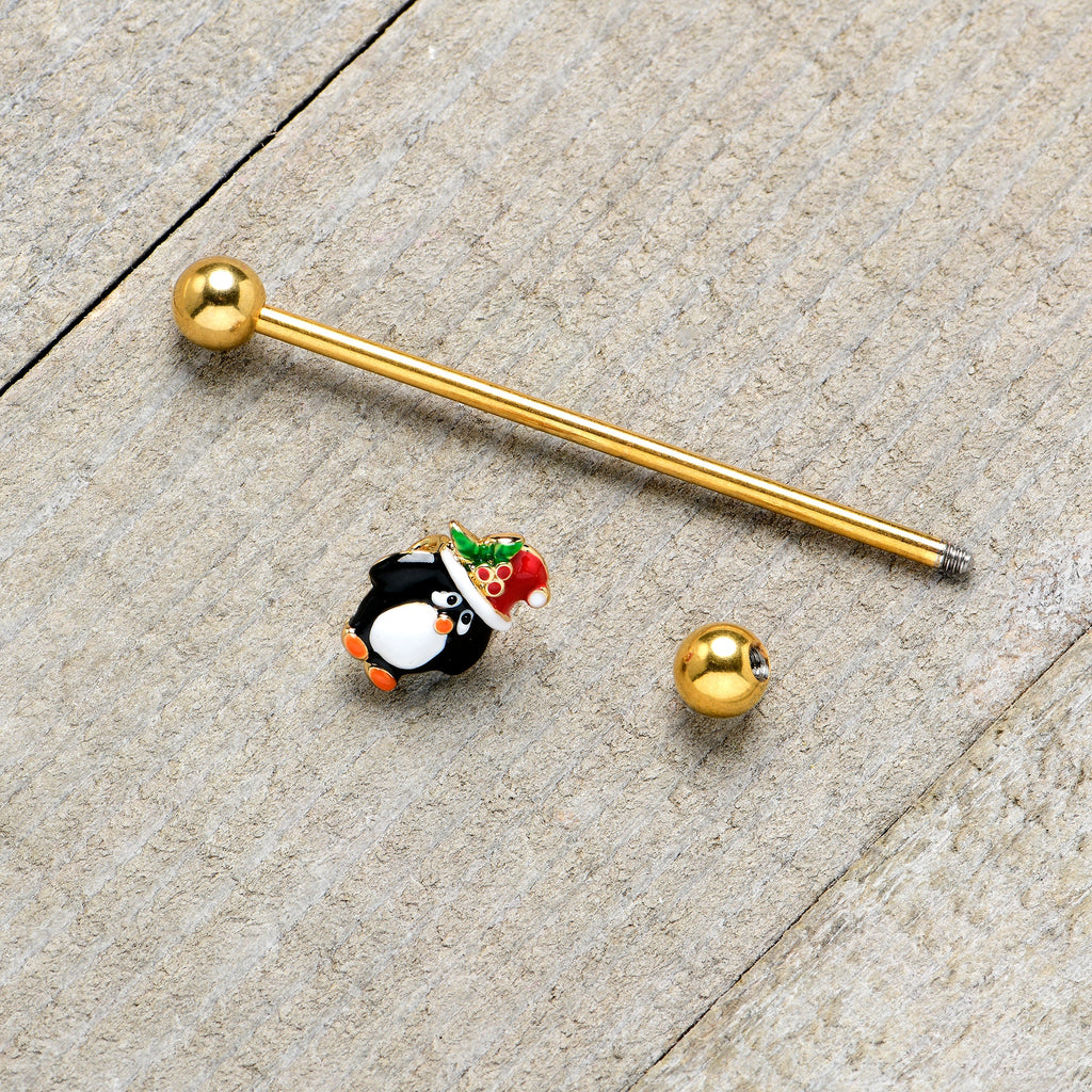 14G Gold Tone Holly Hat Penguin Holiday Industrial Barbell 38mm