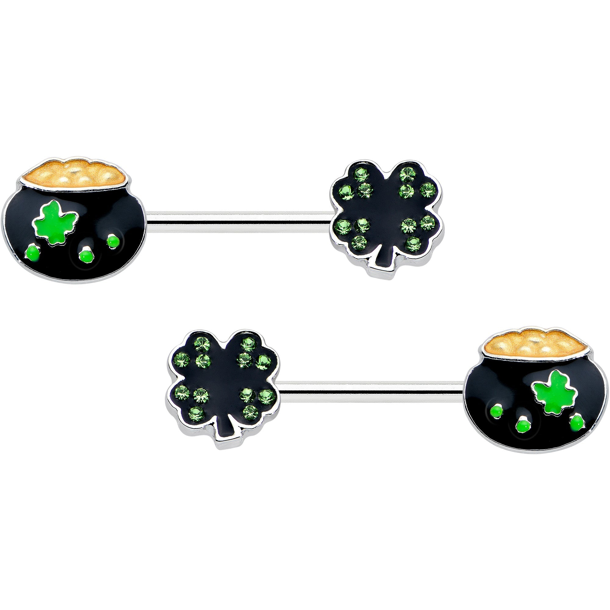 14G 9/16 Green Gem Shamrock Pot of Gold Barbell Nipple Ring Set
