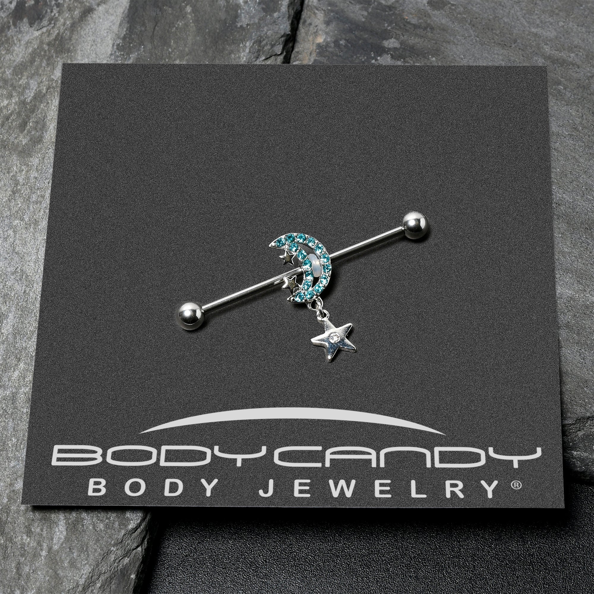 14G Blue CZ Gem Moon Dangle Star Industrial Barbell 38mm