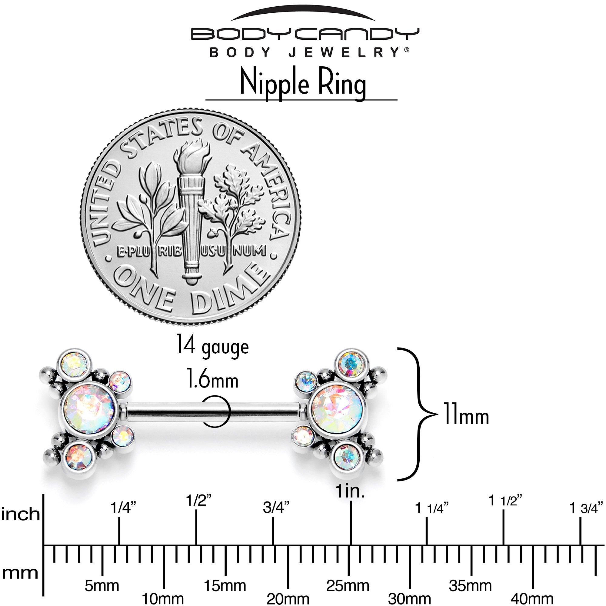 14G 9/16 Aurora CZ Gem Circles Threadless Barbell Nipple Ring Set