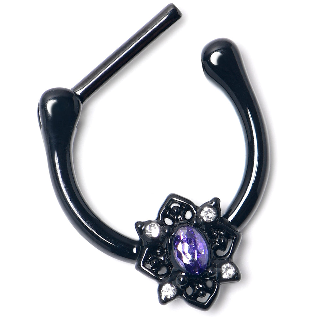 16G 5/16 Purple Gem Black Scrolling Hearts Cartilage Clicker