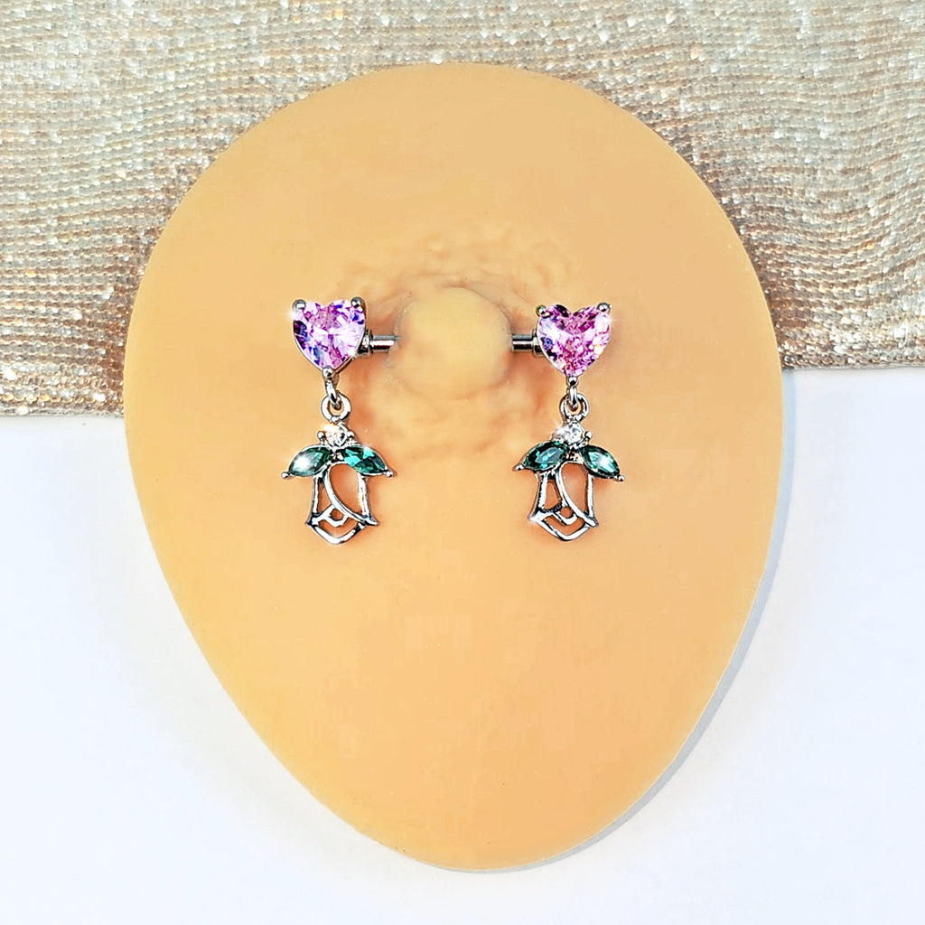 14G 9/16 Pink CZ Gem Hearts And Roses Dangle Nipple Ring Set