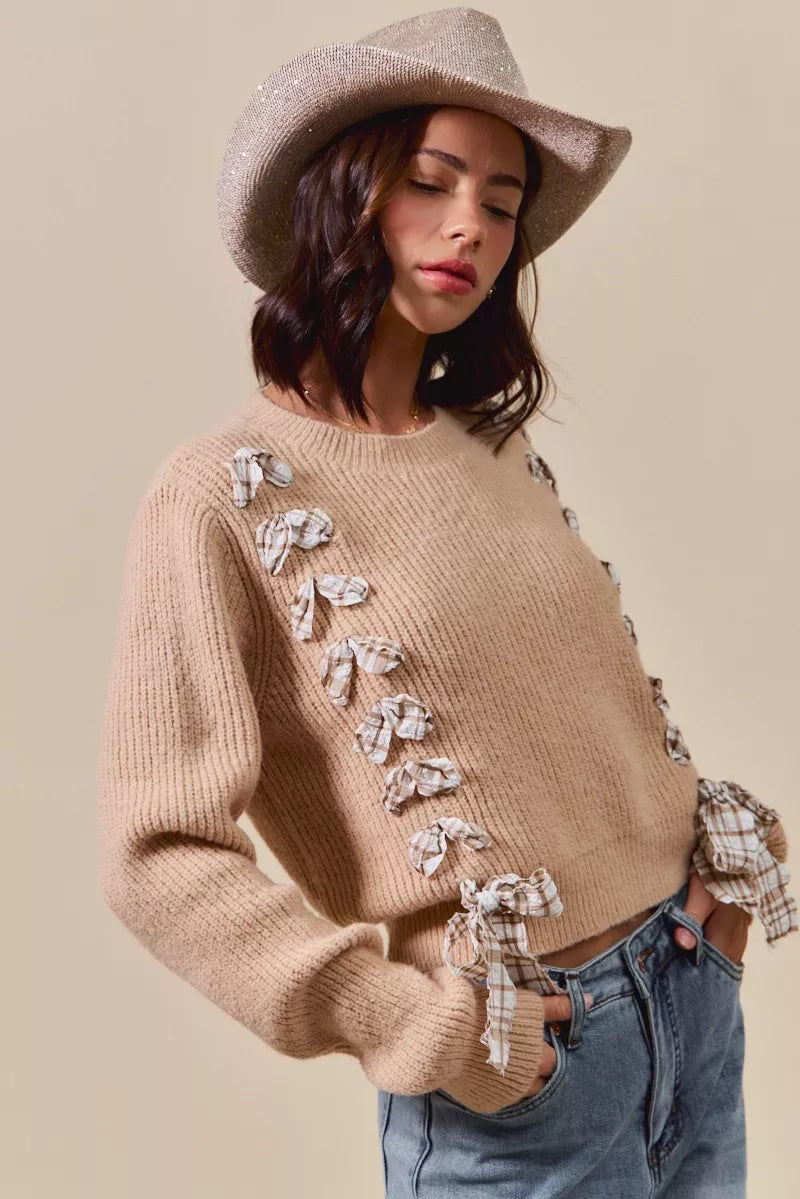 Checkered Plaid Tape Lace Up Ribbed Sweater