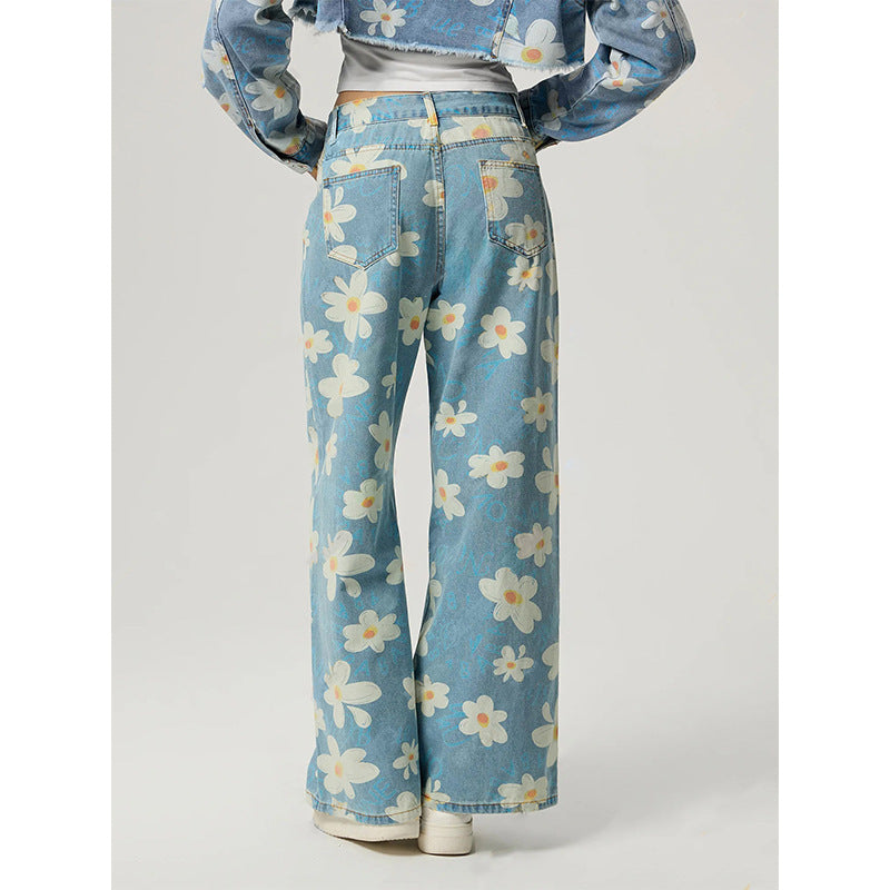 Women's Vintage Floral Print Straight-Leg Jeans