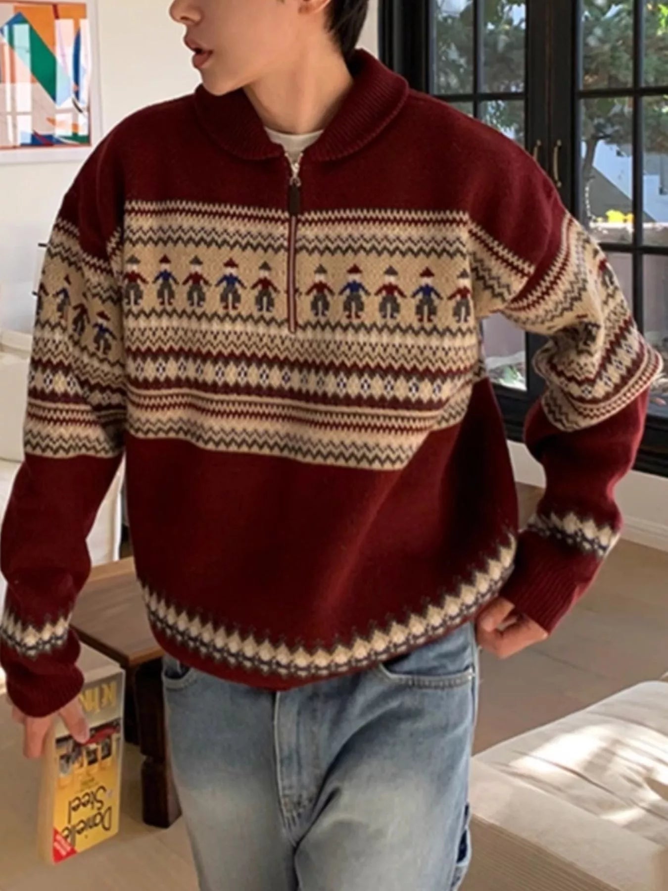 Men's Retro Pattern Zip Front Knitted Sweater