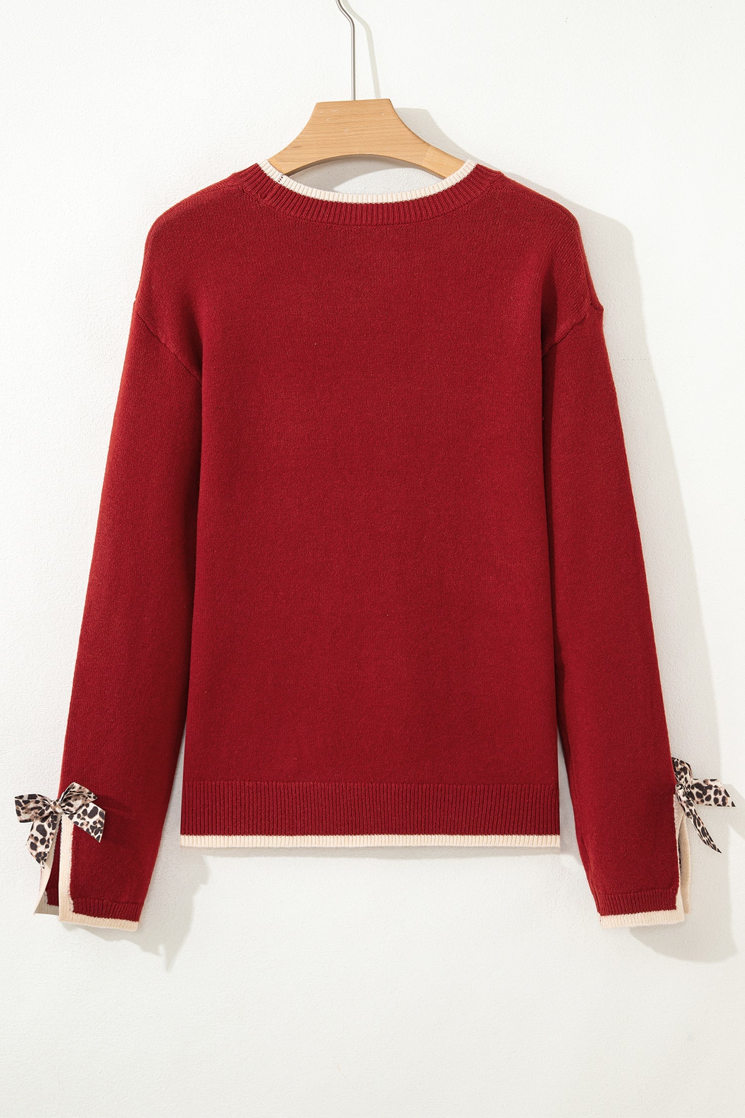 Racing Red Leopard Bow Decor Split Cuff Contrast Trim Sweater