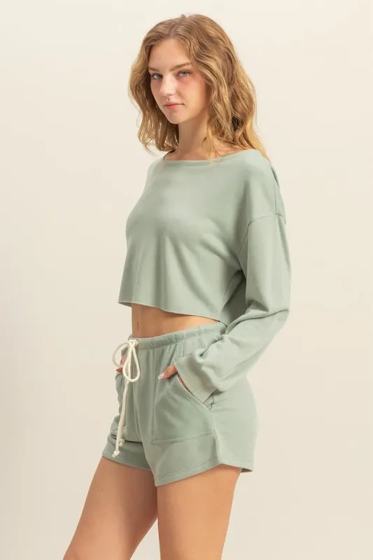 Boat Neck Long Sleeve Cropped Top