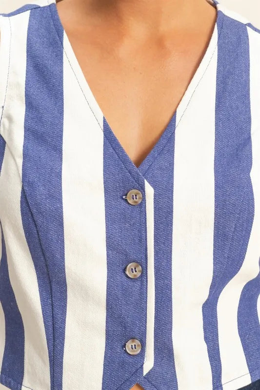 Woven Striped V-Neck Button Down Vest