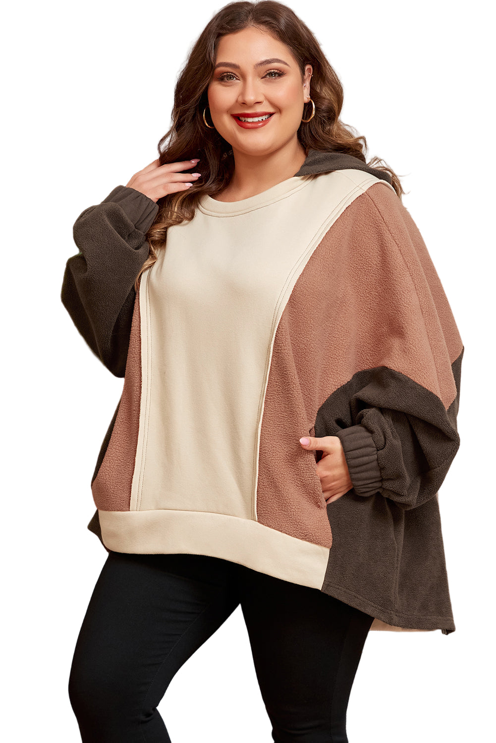 Brown Exposed Seam Colorblock Plus Size Hoodie