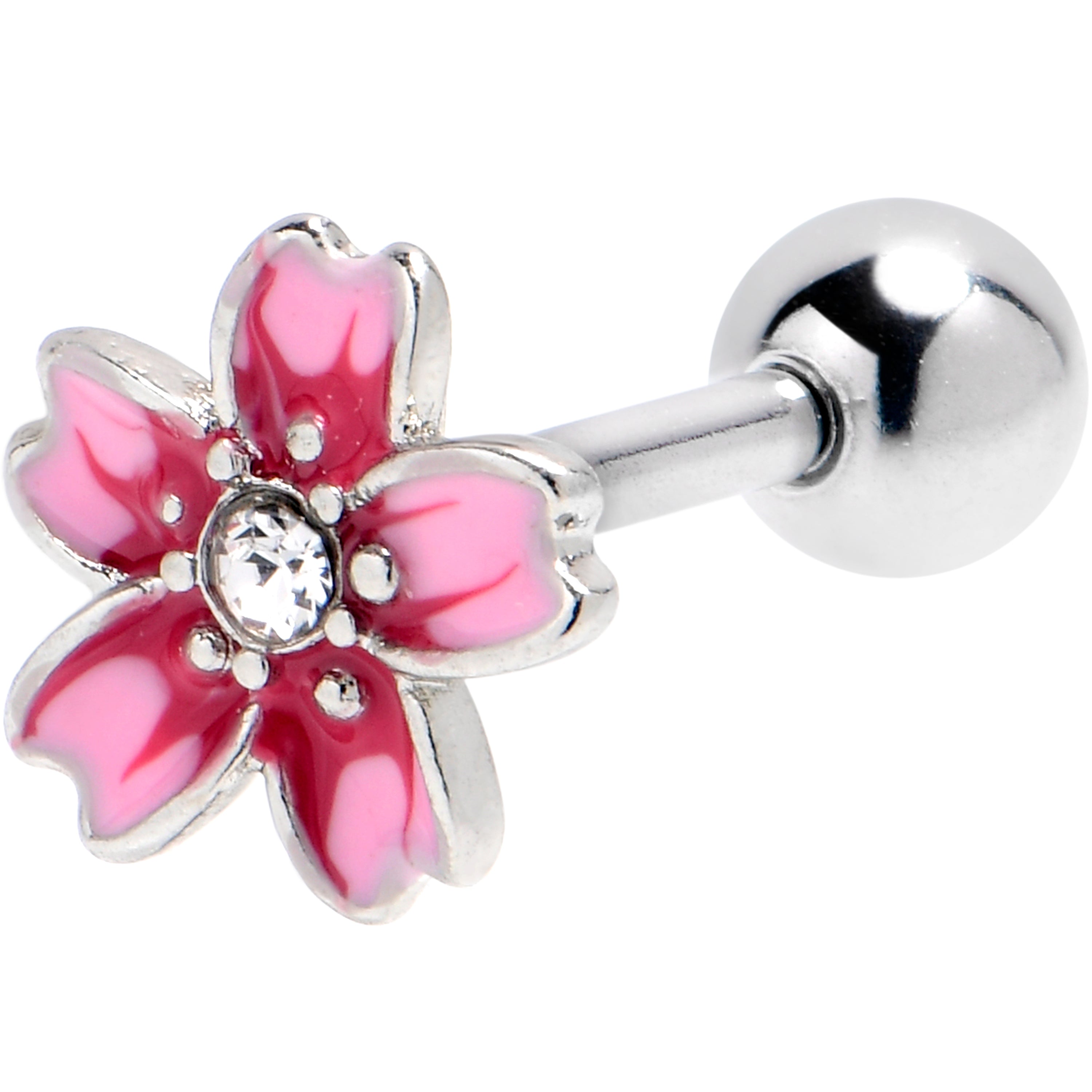16G 1/4 Clear Gem Perfectly Pink Flower Cartilage Tragus Earring