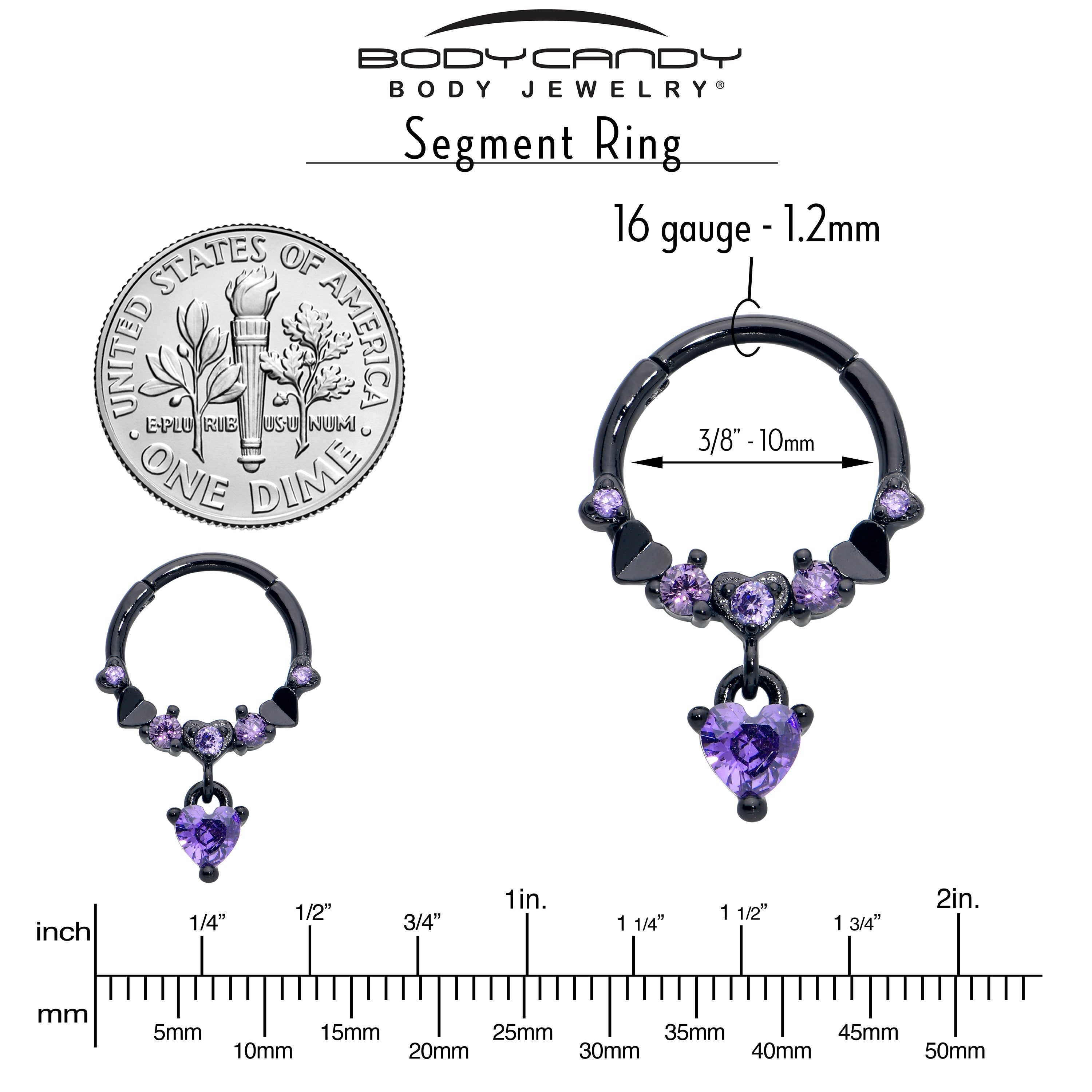 16G 3/8 Purple CZ Gem Black Love Heart Dangle Hinged Segment Ring