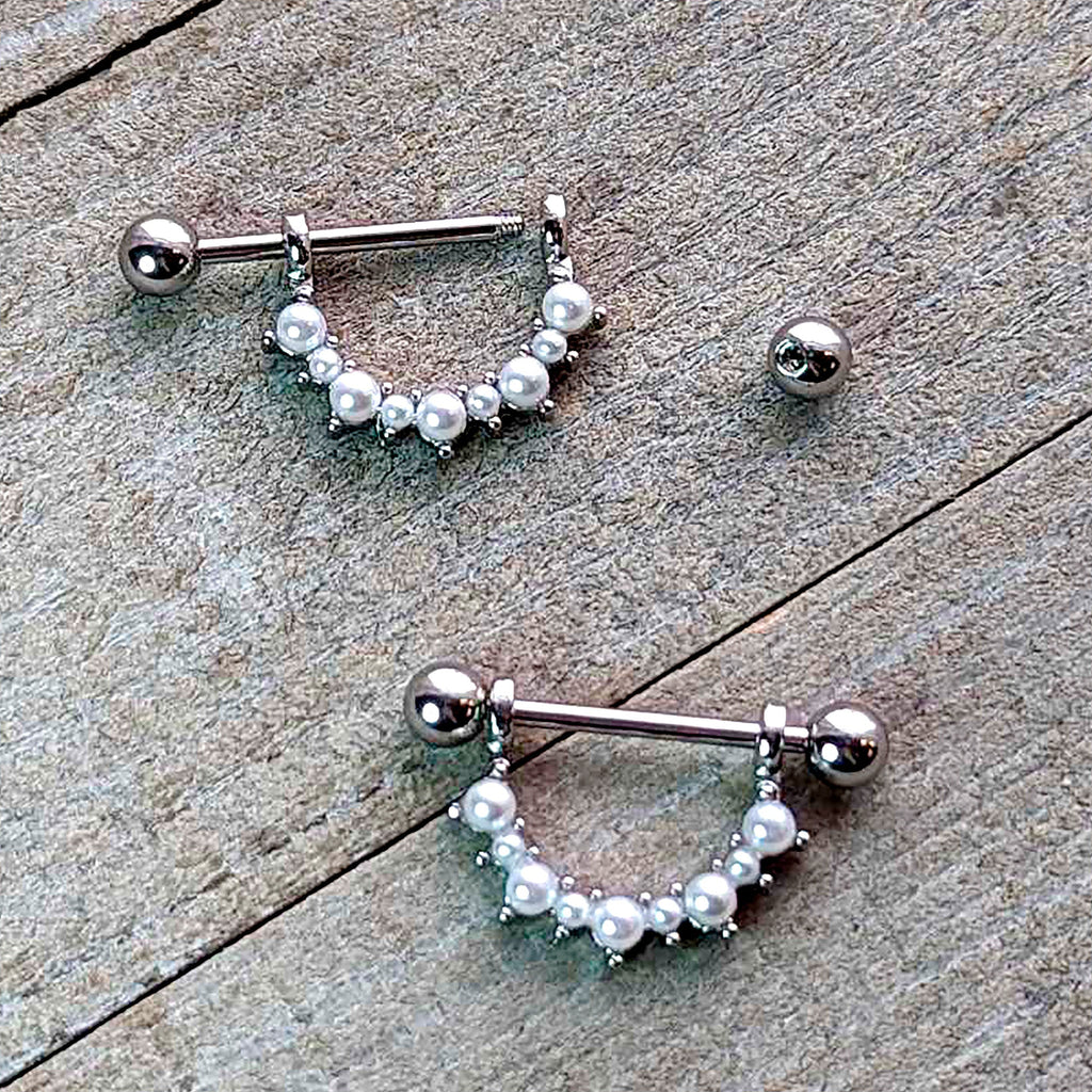 14G 9/16 White Faux Pearl June Birthstone Dangle Nipple Shield Set
