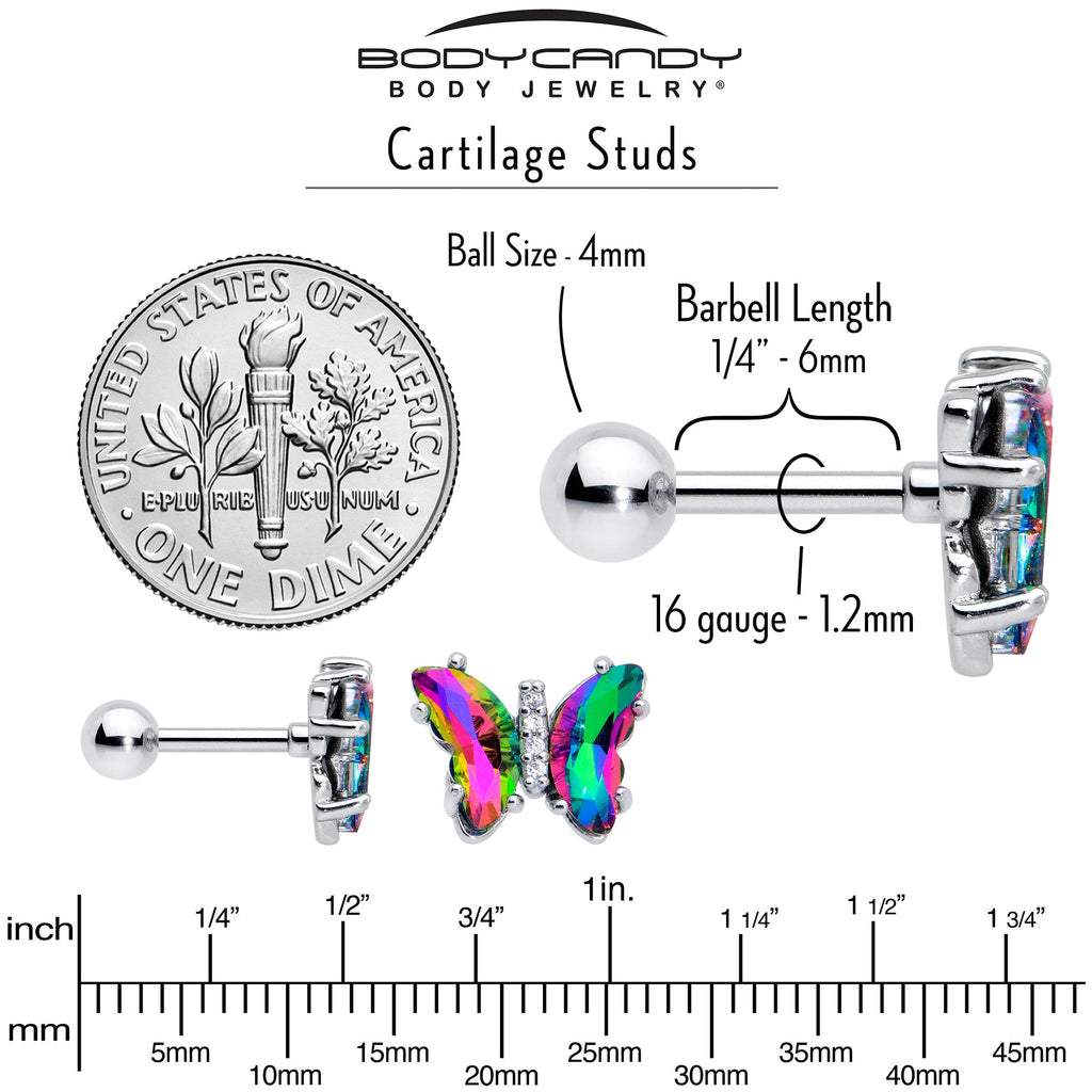 16G 1/4 Rainbow CZ Gem Simply Colorful Butterfly Cartilage Earring