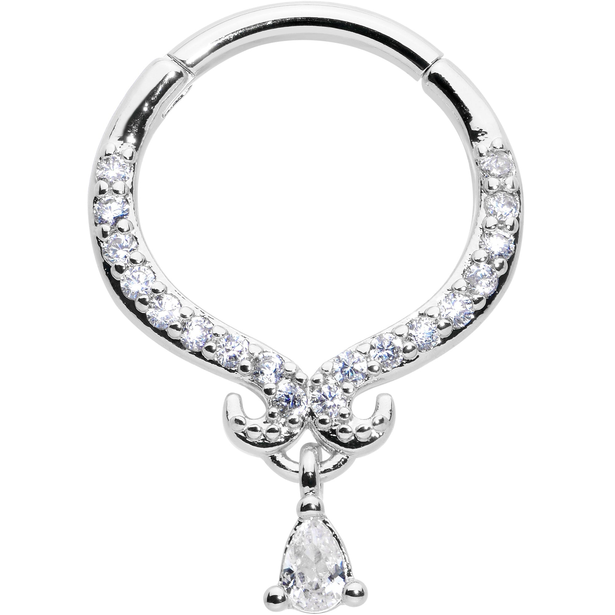 16G 3/8 Clear CZ Gem Elegant Curves Dangle Hinged Segment Ring