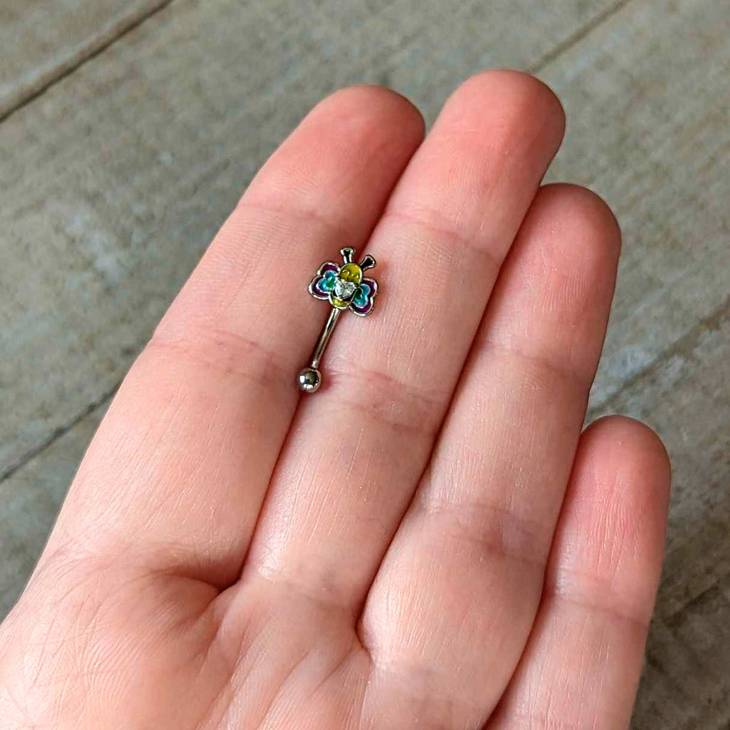16G 5/16 Clear CZ Gem Butterfly Love Bug Curved Eyebrow Ring