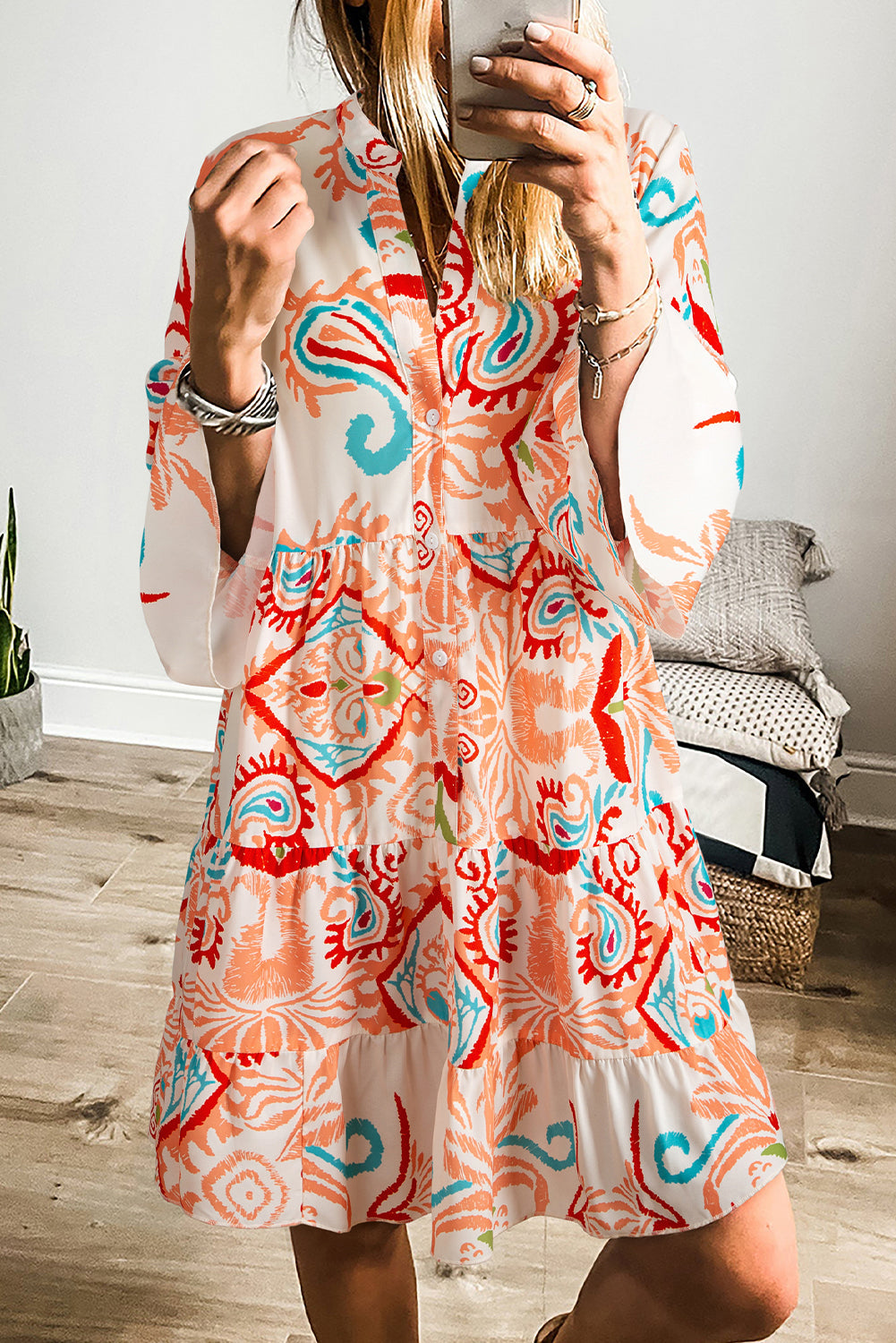 Orange Boho Paisley Print Bracelet Sleeve Mini Dress