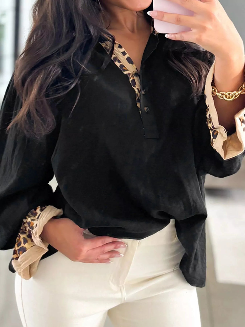 Contrast Leopard Print Patchwork Polo Collar Buttons Front Long Sleeve Blouse
