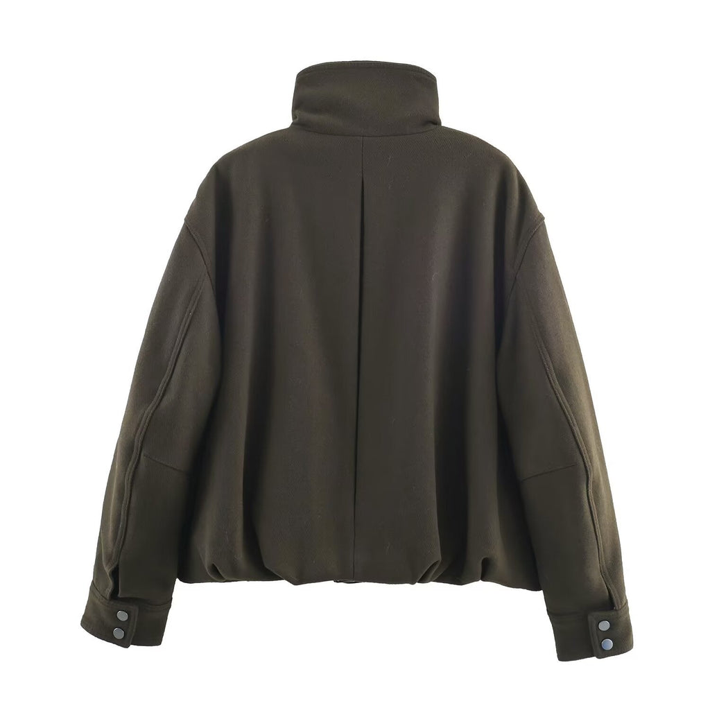 Women's Jacket Dark Olive Wool Blend BYMANYC ® New York SOHO BELTED HIGH COLLAR BOMBER - New Collection