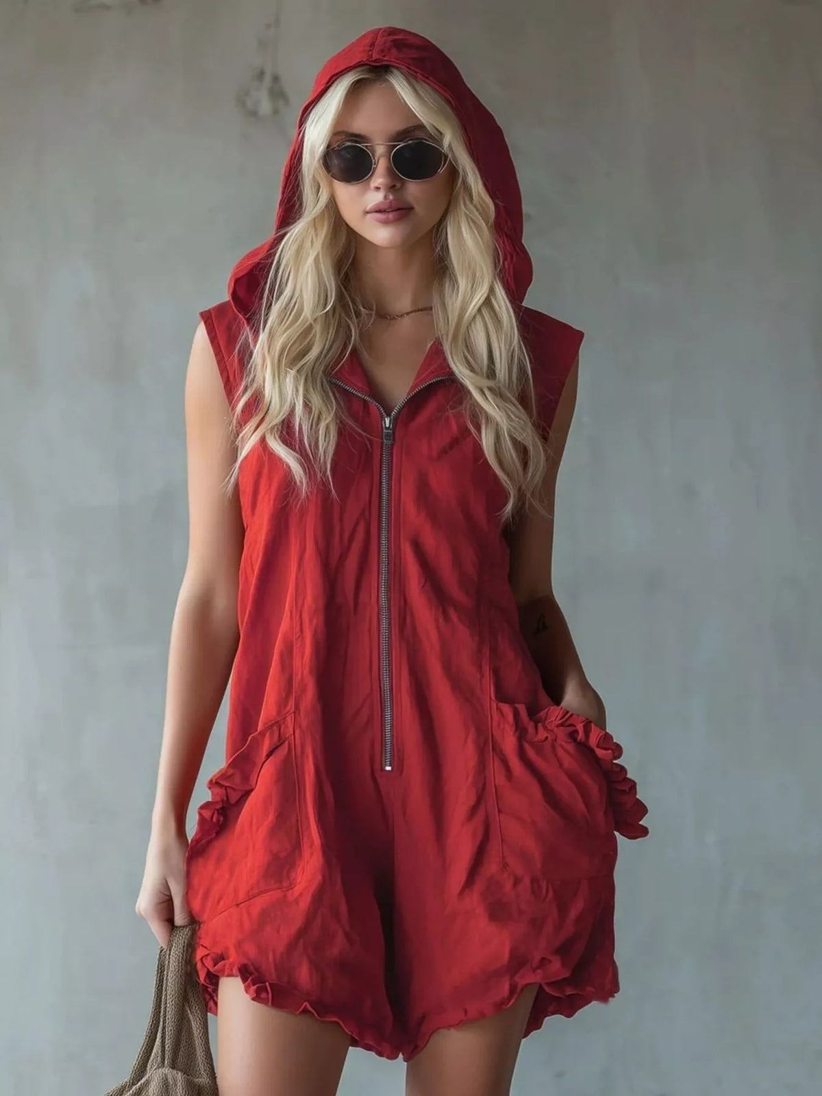 Full Size Hooded Sleeveless Zipper Romper with Ruffled Pockets Plus Size