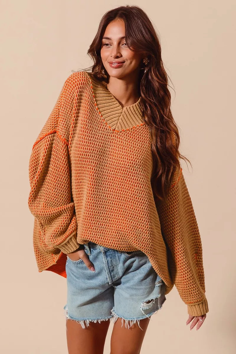 Oversized Two Tone Textured V Neck Sweater