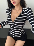 Striped Zip-Up Hooded Top