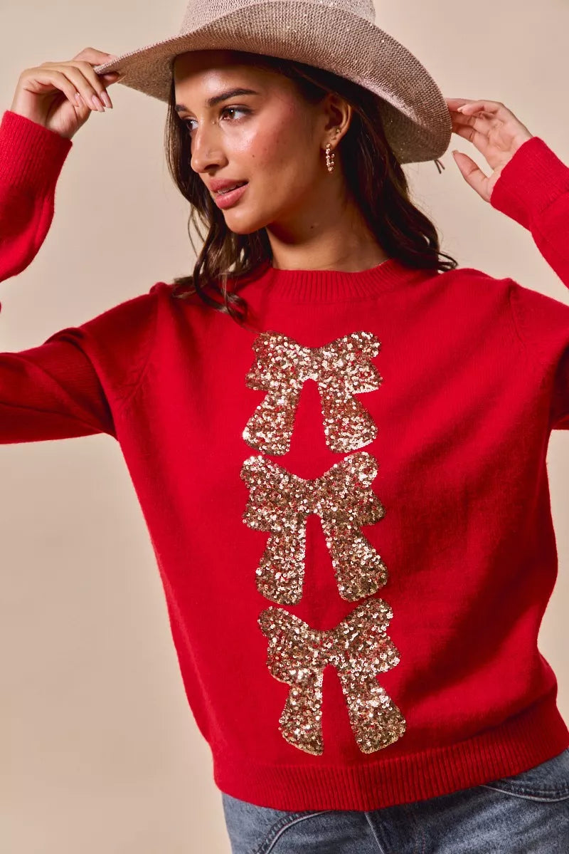 Sequins Bow Ribbon Embellished Christmas Sweater