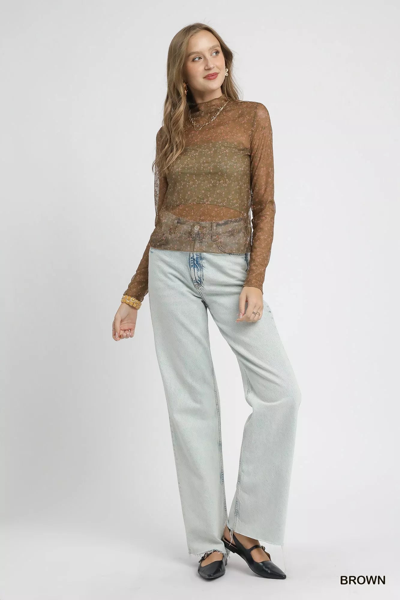 Nylon Lace Mesh Long Sleeve Top