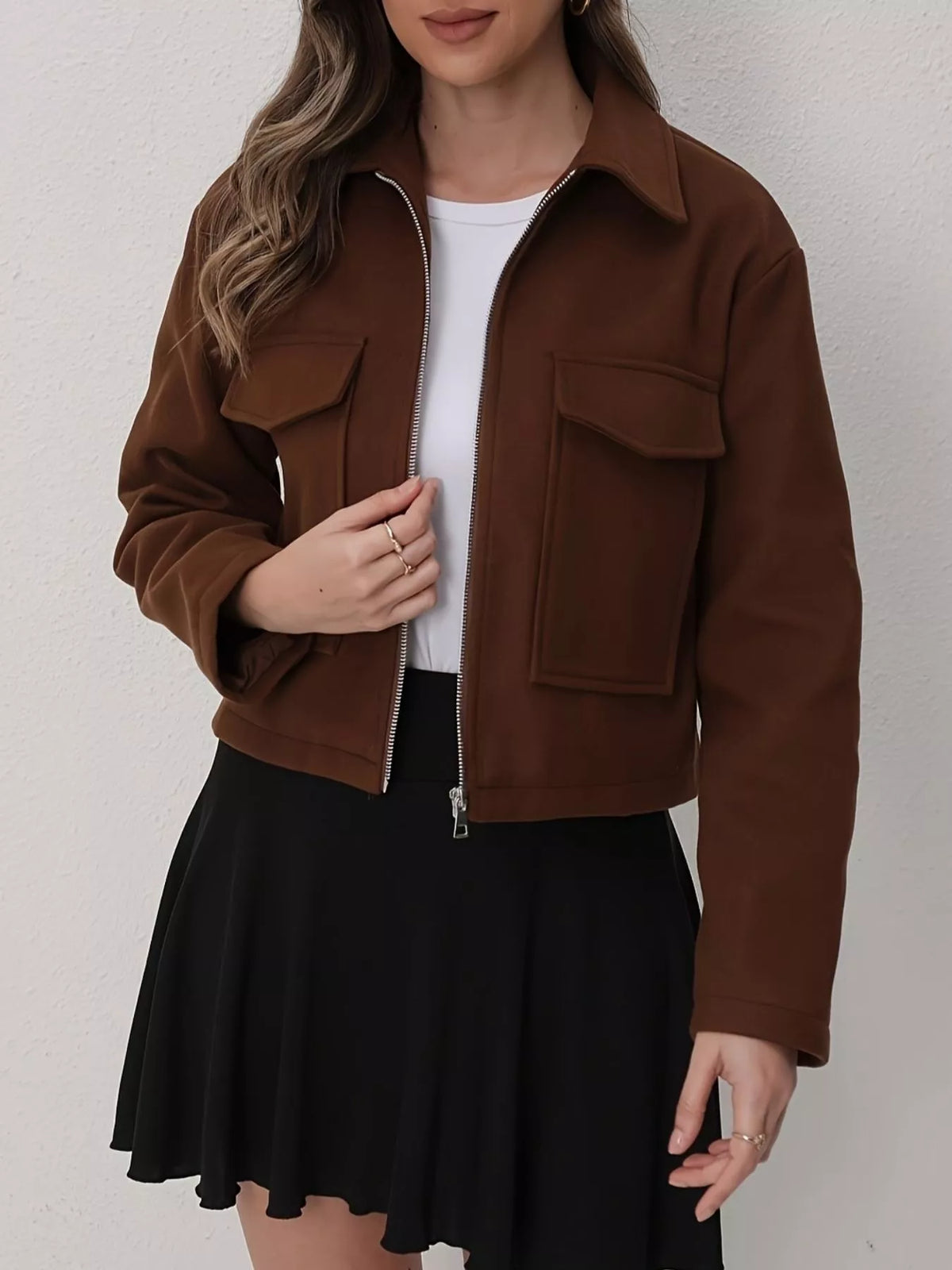 Cropped Zip-Up Pocketed Jacket