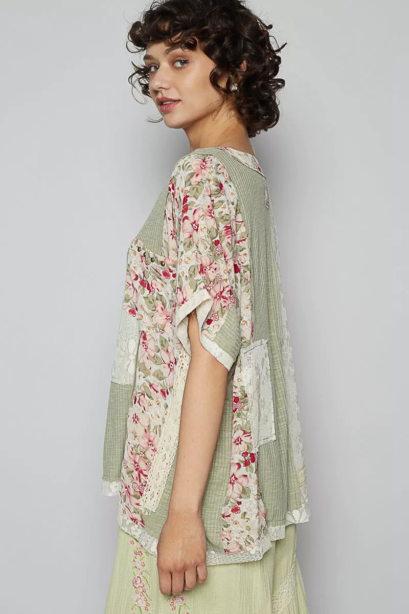 POL Lace Round Neck Short Sleeve Floral Pattern Top with Patch Detail