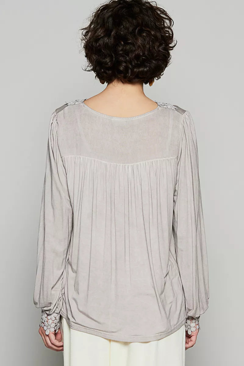 POL Floral Embroidery Woven Top with Lace Trim
